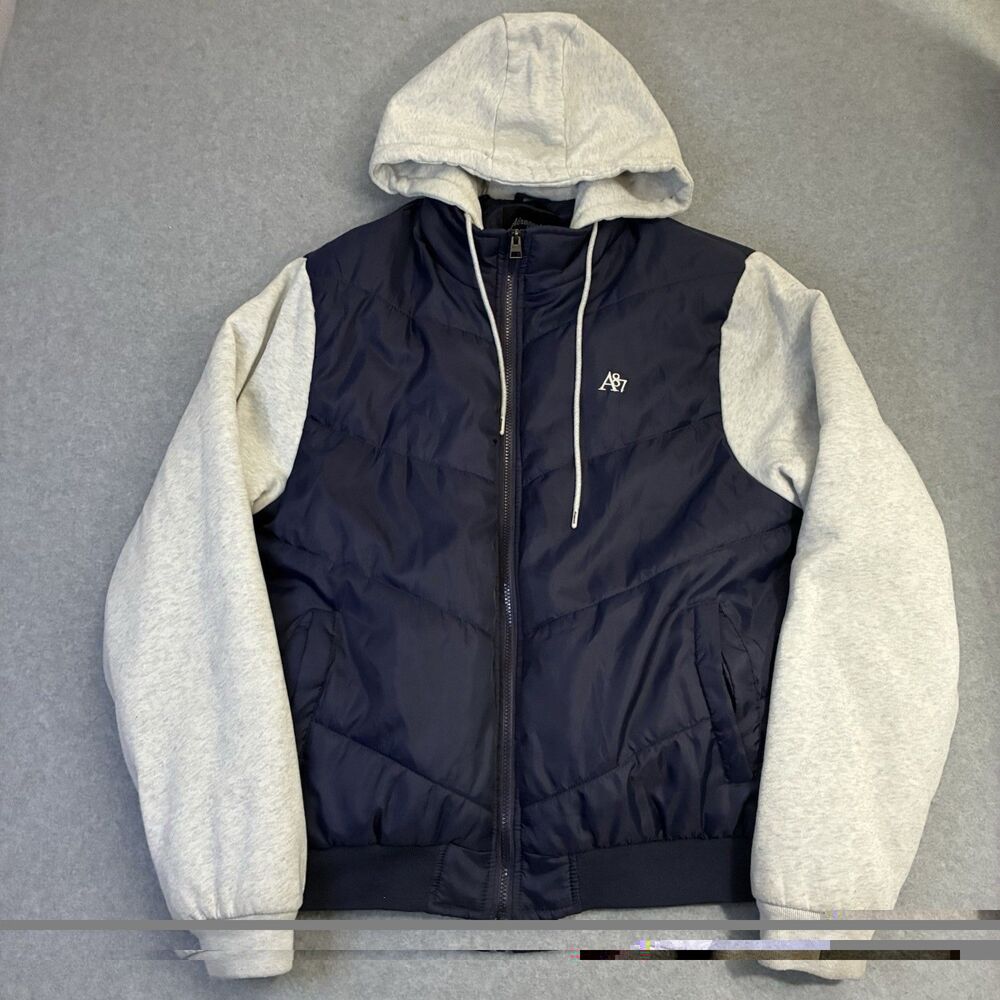 Men’s Aeropostale Puffer Jacket 2XL Navy Gray Hooded Full Zip Coat